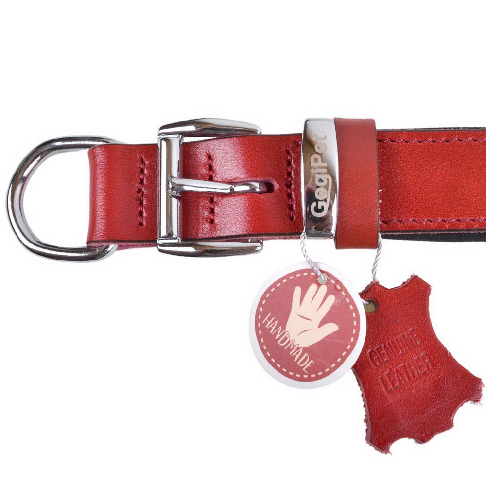 Collar para perros de cuero auténtico con remaches planos de GogiPet®, rojo con acolchado suave y hecho a mano