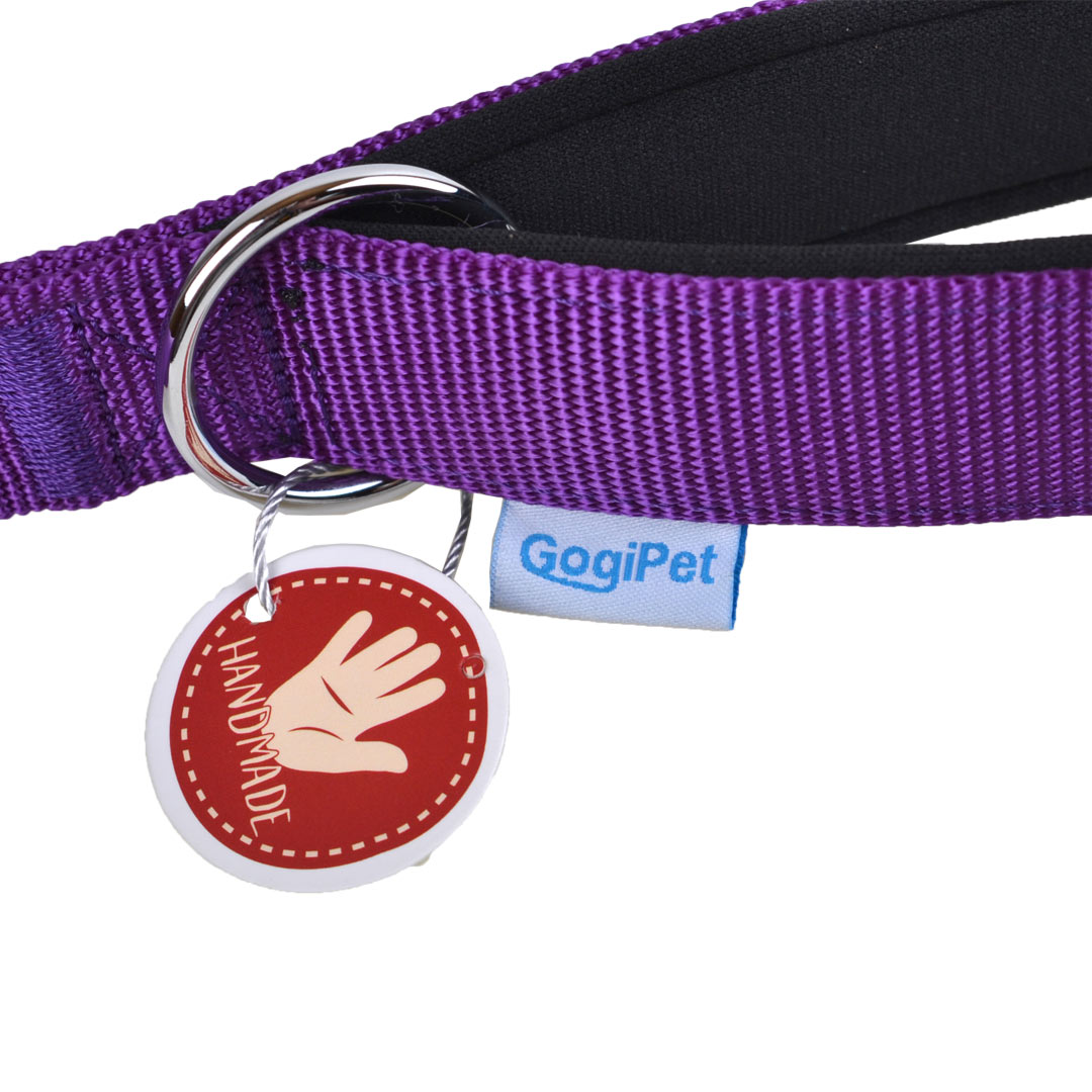 Correa para perros textil Premium Confort GogiPet®, lila con asa acolchada, robusta y hecha a mano