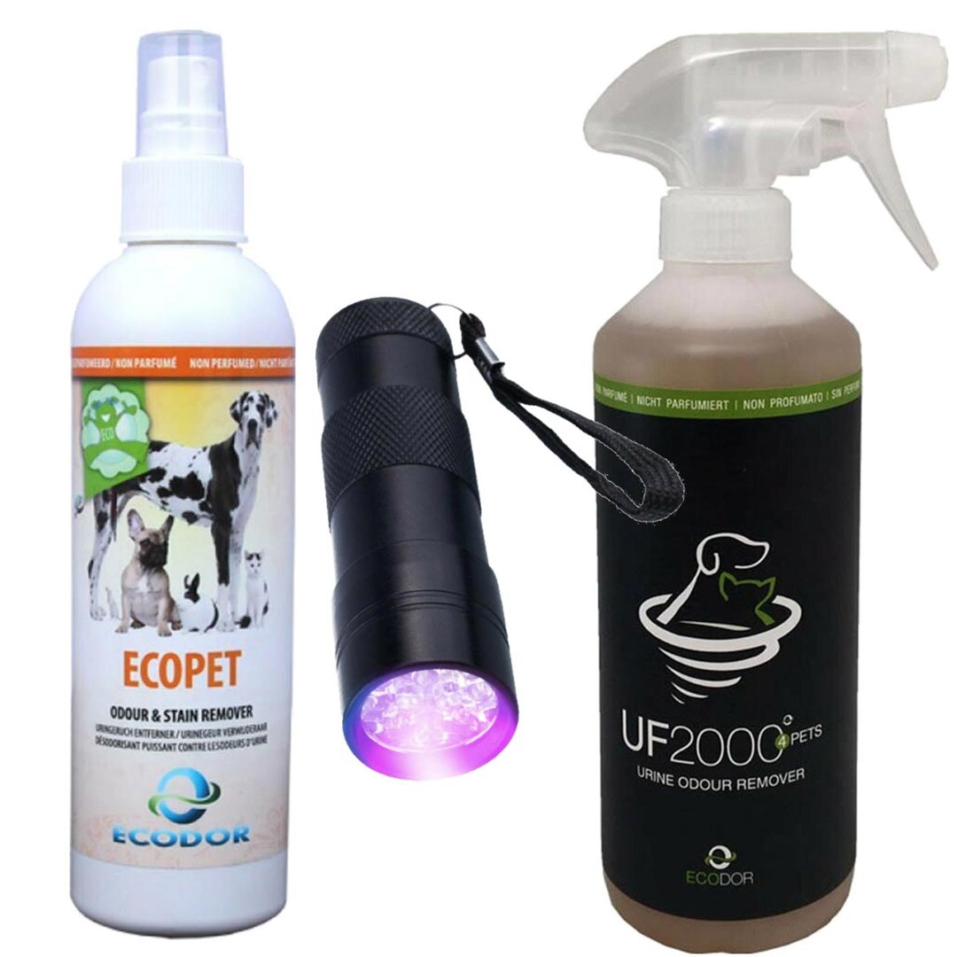 Pack combinado de Ecodor contra la orina animal y humana: UF2000 Removedor de orina-Ecopet contra manchas y olores y EcoLight detector de manchas de orina.
