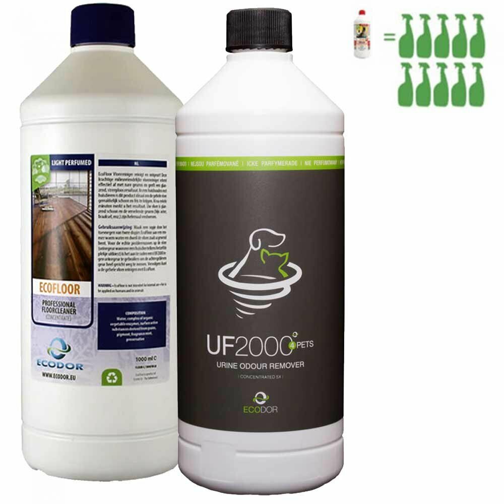 Ecodor UF2000 concentrado y EcoFloor, el mejor pack combinado contra los olores de orina y los olores animales en el hogar.