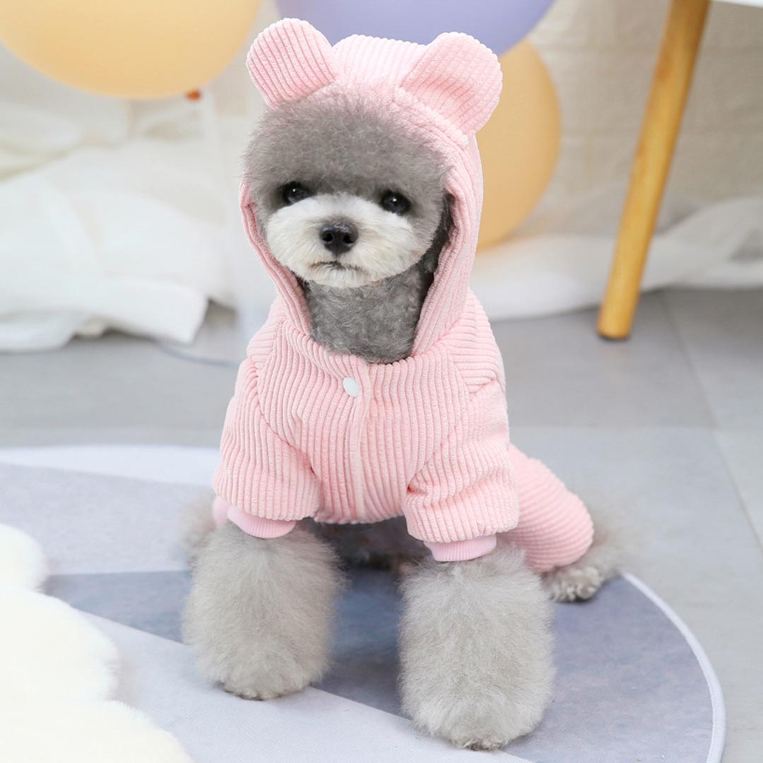 Cálido abrigo para perros de pana rosa con simpática capucha con orejas de oso, interior de forro polar, puños acanalados, ideal para el invierno