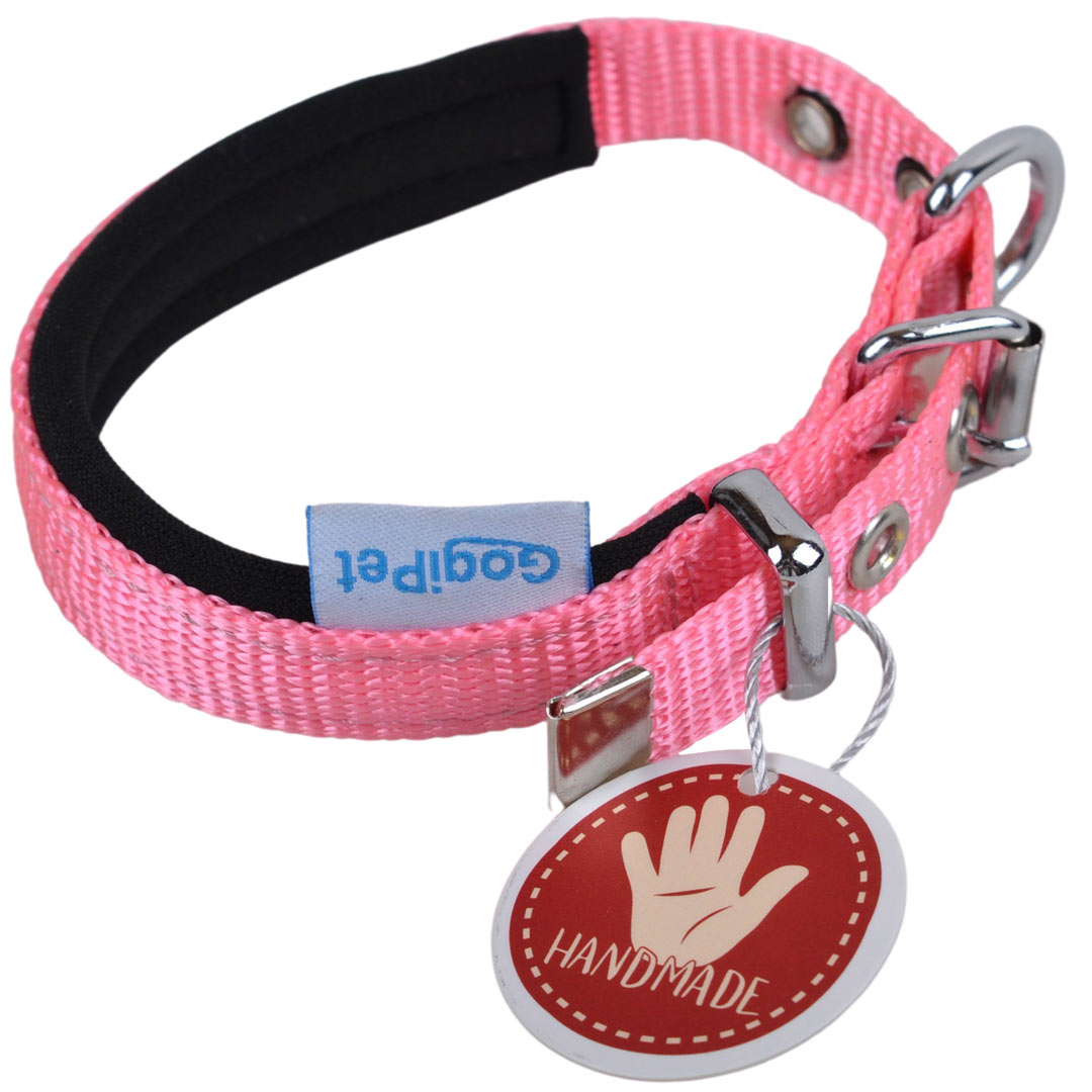 Collar para perros acolchado textil Confort de GogiPet®, rosa, hecho de un robusto tejido nylon Super Premium
