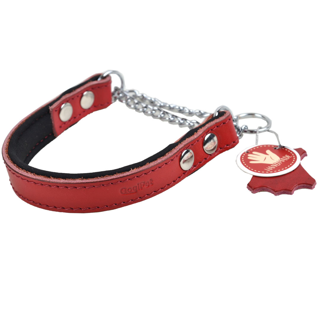 Collar de ahorque para perros de cuero rojo acolchado suave con cadena de GogiPet®