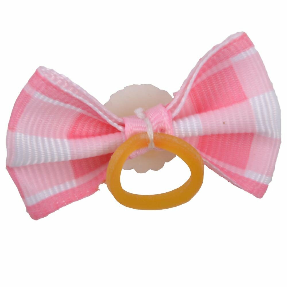Lazo para el pelo con perla decorativa y cuadros en tonos rosas y blancos de diseño encantador con goma elástica de GogiPet - Modelo Macarena