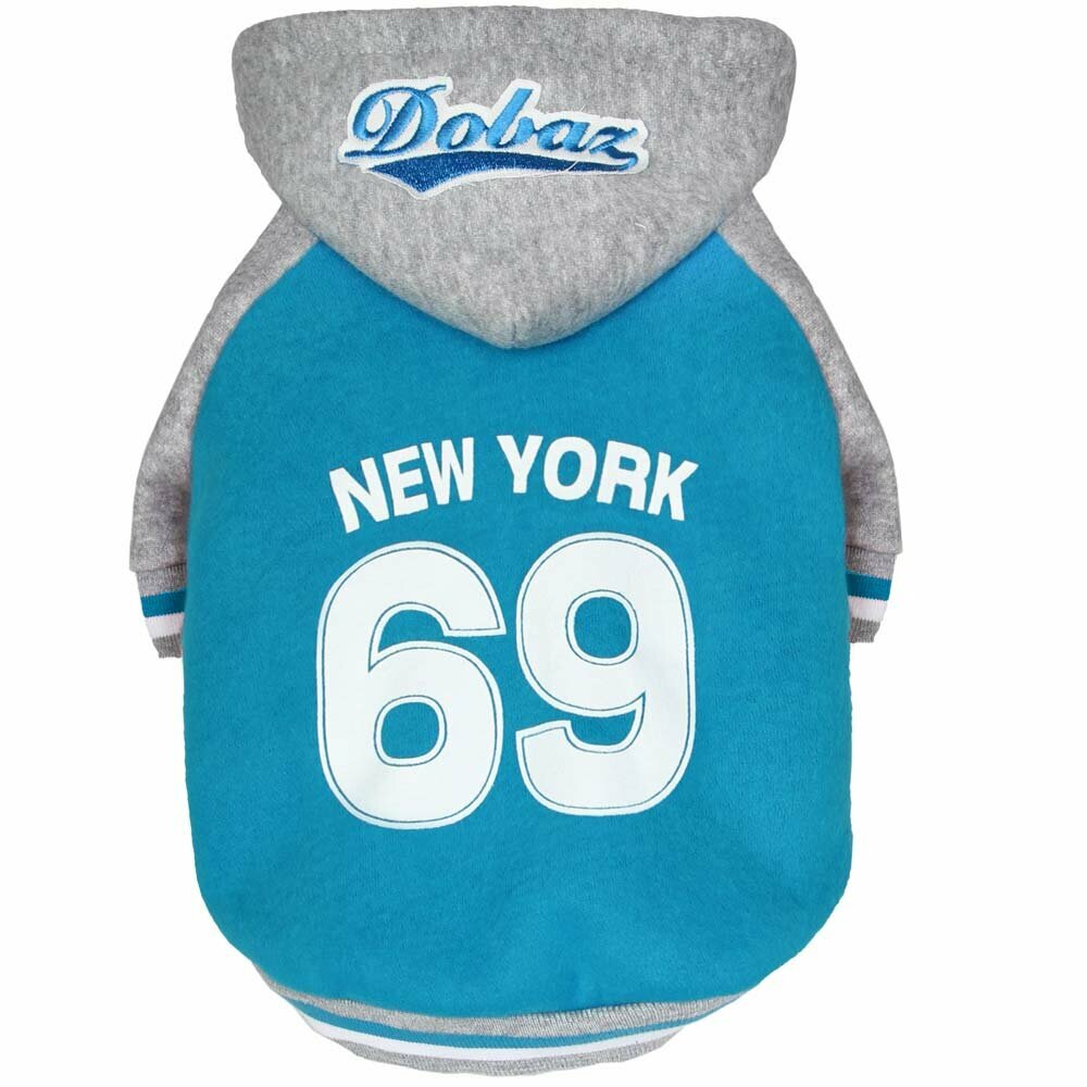 Chaqueta cálida y deportiva para perros GogiPet con capucha "New York 69", celeste