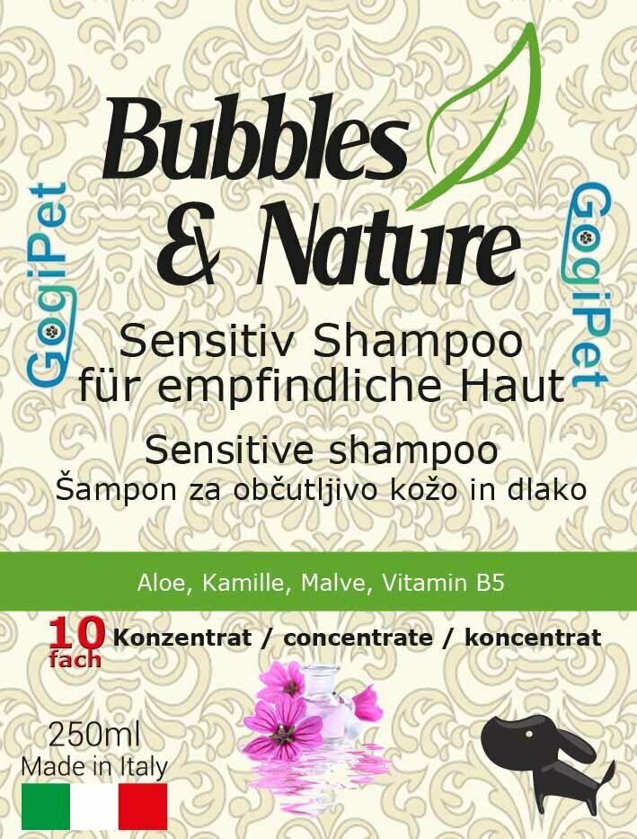 Champú para perros pieles sensibles Bubbles & Nature de GogiPet, con aloe vera, manzanilla, malva y vitamina B5.
