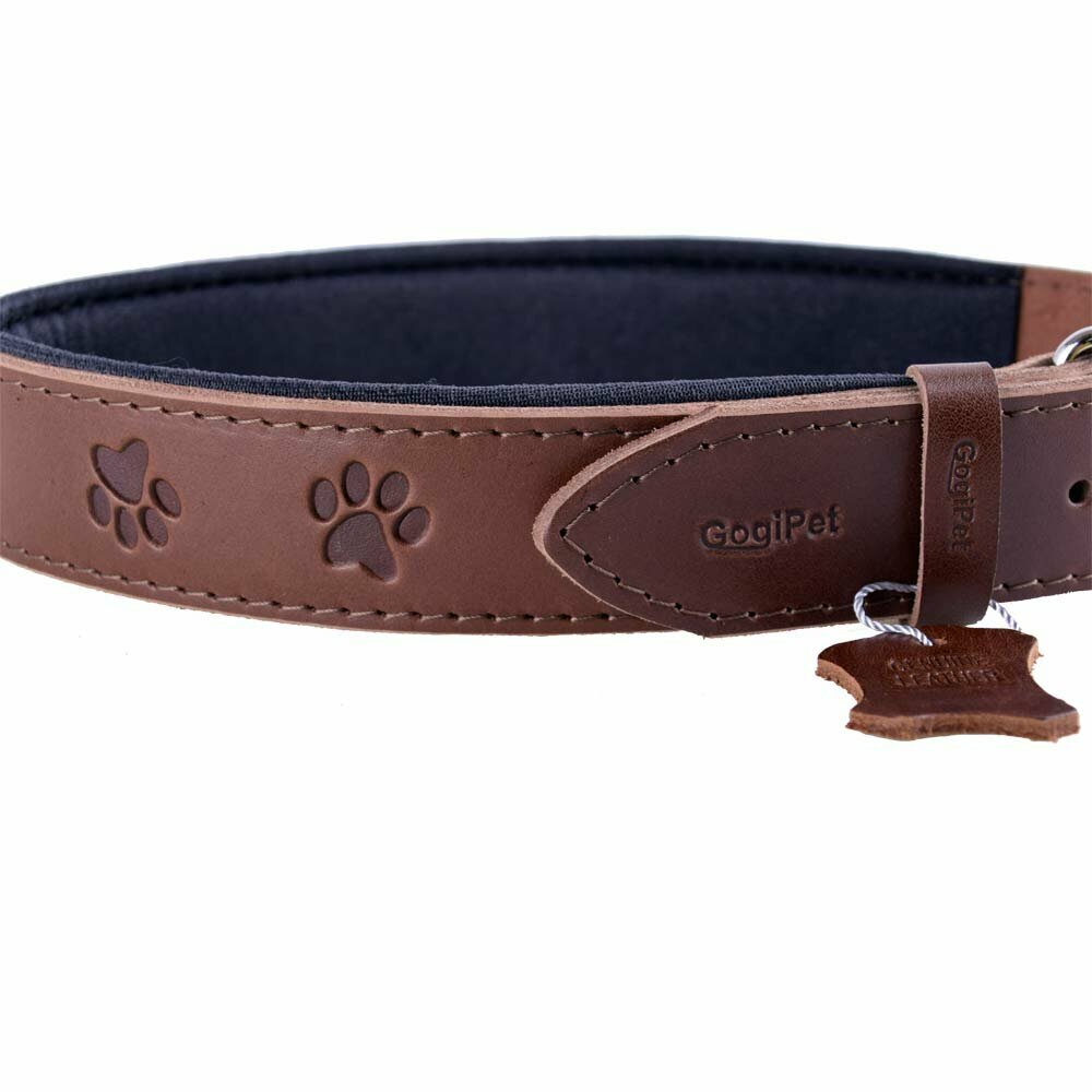 Collar para perros de cuero con huellas de GogiPet®, marrón con acolchado extra suave