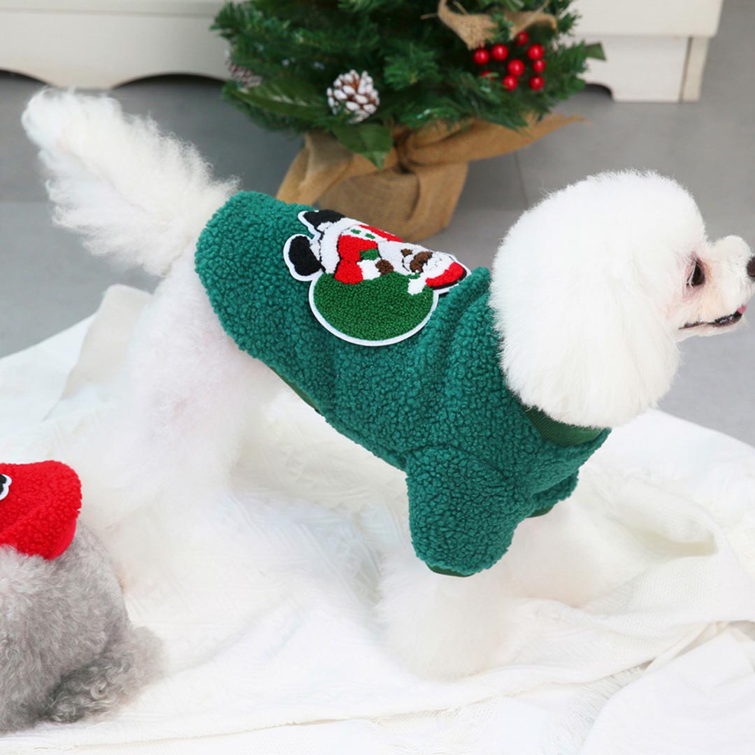 Cálido pulover navideño para perros de forro polar Sherpa con Papá Noel, verde