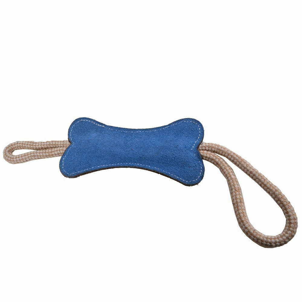 Hueso de piel azul relleno de fibras de coco con cuerdas de algodón y yute para perros - juguetes de higiene dental para perros.