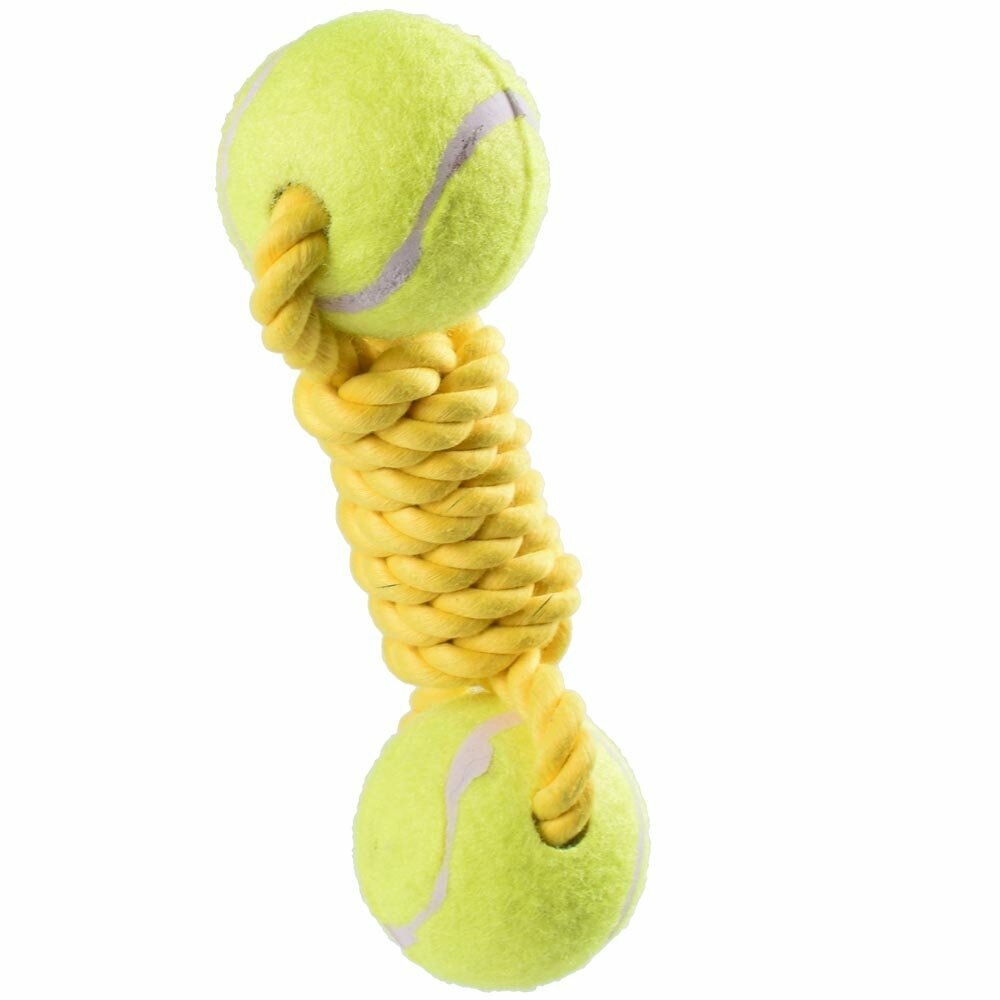 Juguete para perros para lanzar y tirar con 2 pelotas de tenis y cuerda dental trenzada GogiPet®.