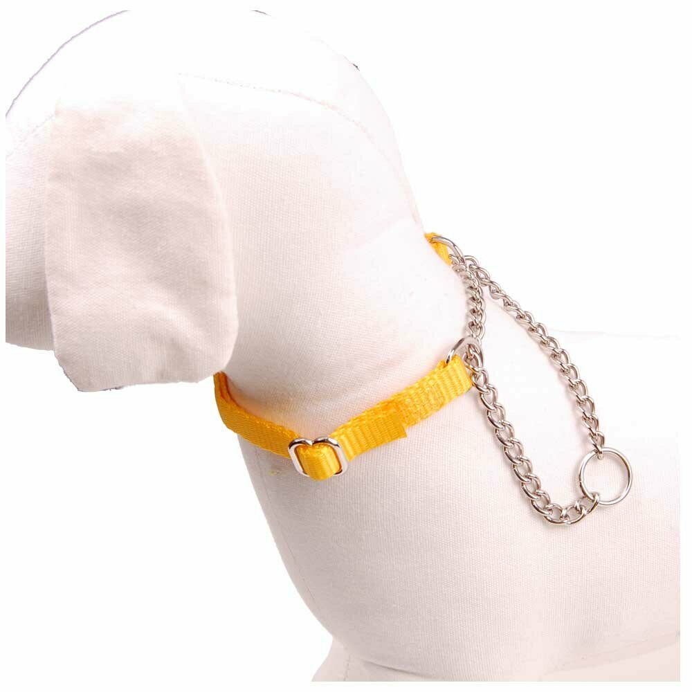 Collar para perros de nylon muy resistente amarillo, 10 mm. de ancho, ajustable - con cadena.