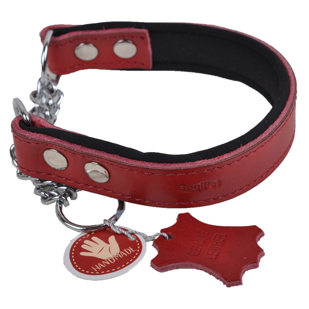 Collar de ahorque para perros de cuero genuino rojo acolchado suave con cadena de GogiPet