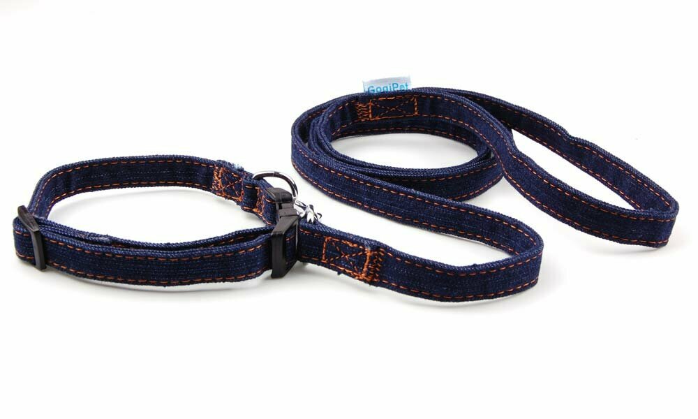 Collar para perros con un contorno de cuello de 23 a 40 cm., con correa a juego en resistente tela vaquera azul