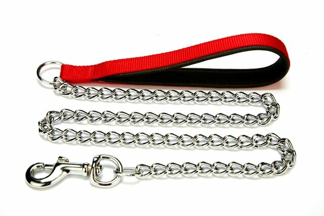 Correa para perros con cadena Confort GogiPet®, roja con asa acolchada, hecha a mano