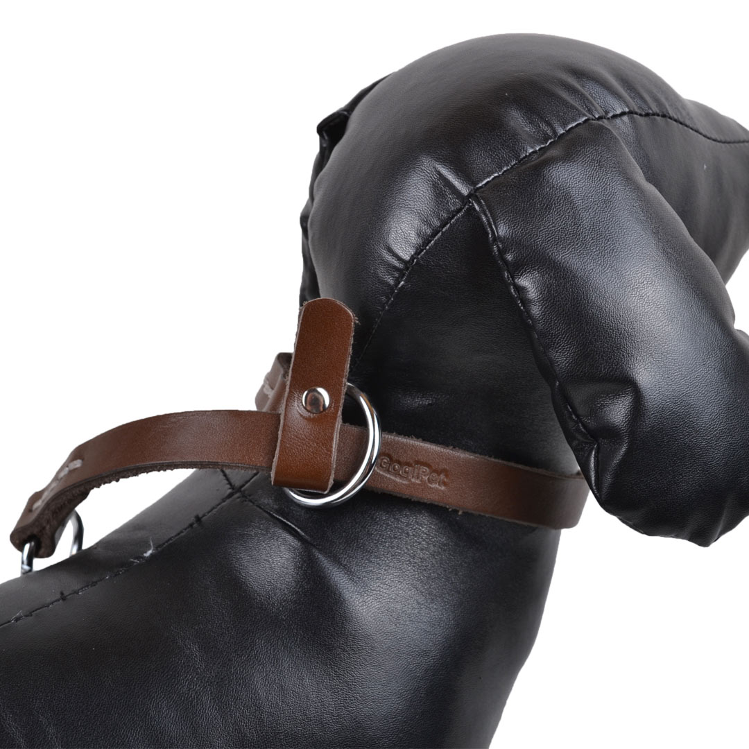 Collar de ahorque para perros en cuero genuino marrón GogiPet® (adiestramiento), fabricado individualmente, con solapa de seguridad