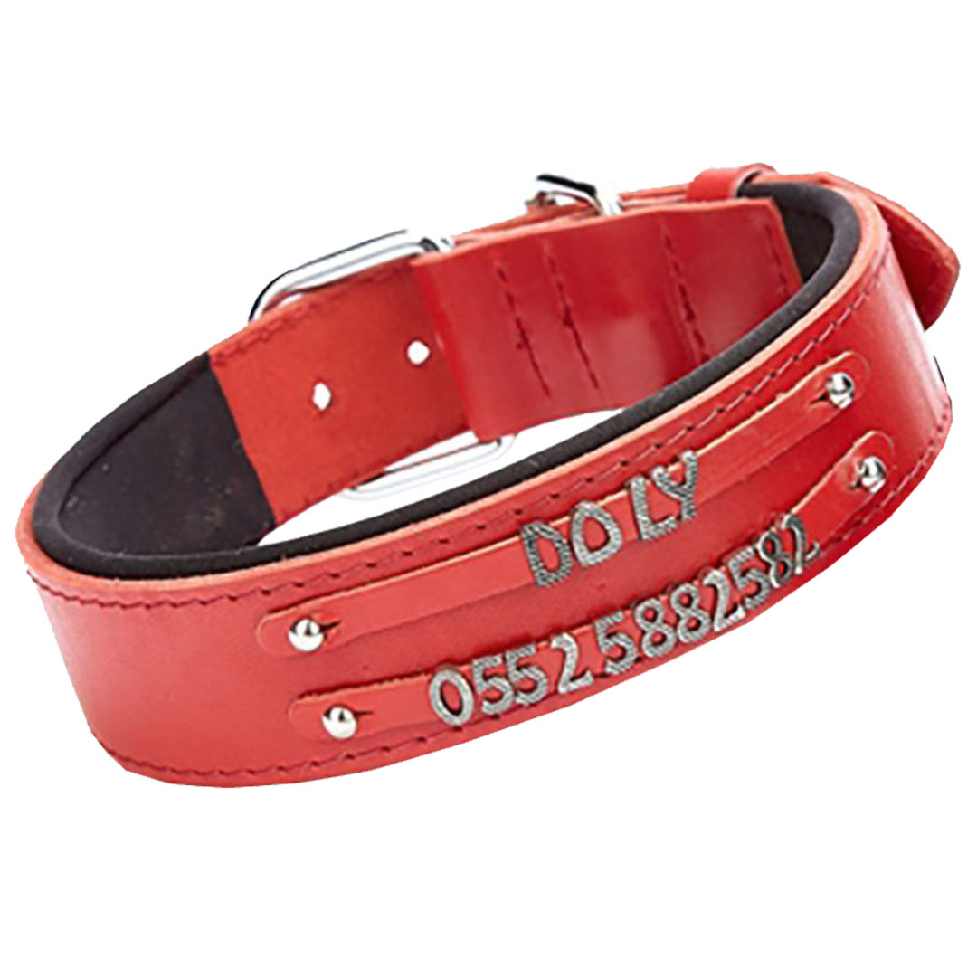 Collar para perros de cuero para 2 nombres modelo Confort de GogiPet®, rojo para que diseñe el collar usted mismo