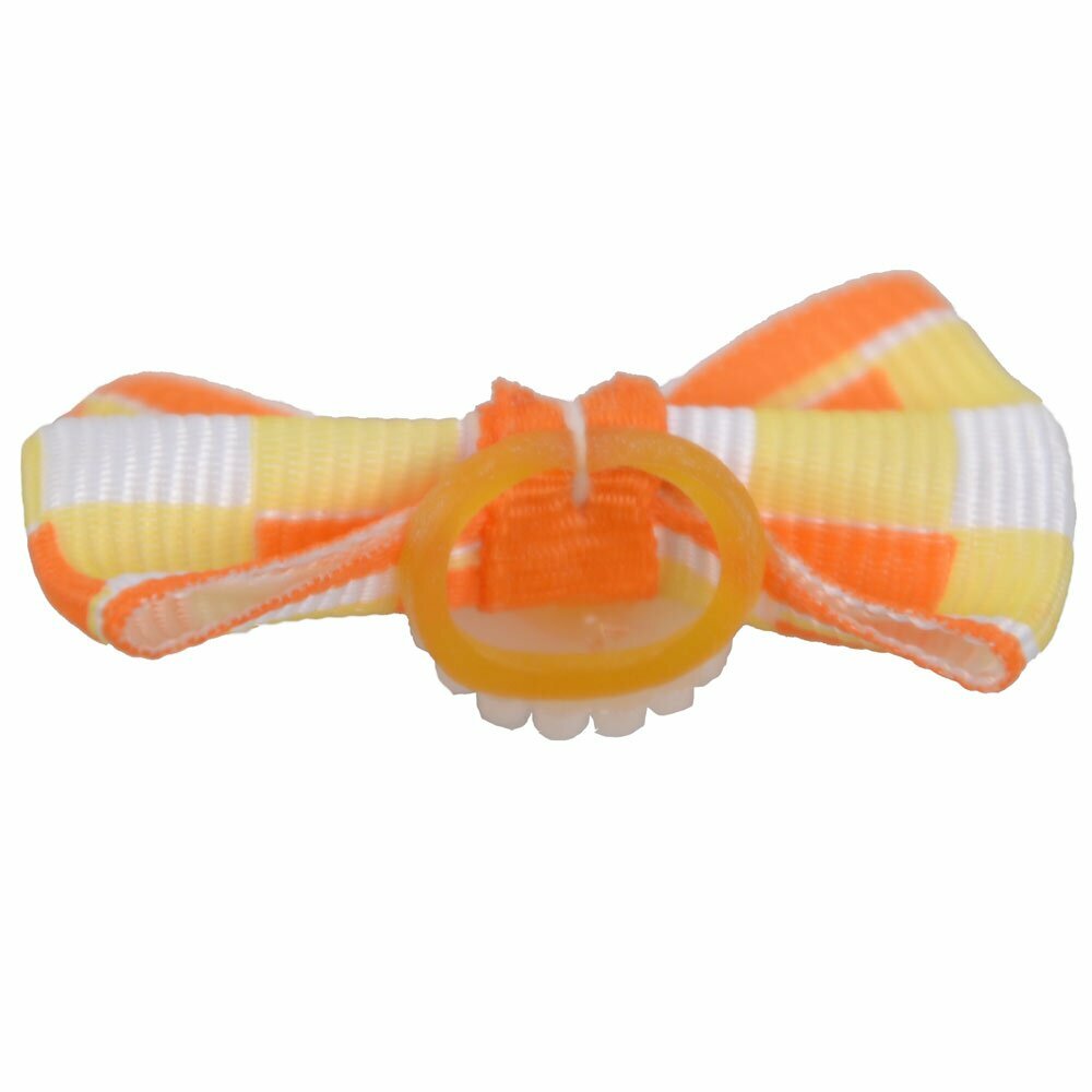 Lazo para el pelo con perla decorativa y cuadros en tonos naranjas y blancos de diseño encantador con goma elástica de GogiPet - Modelo Macarena