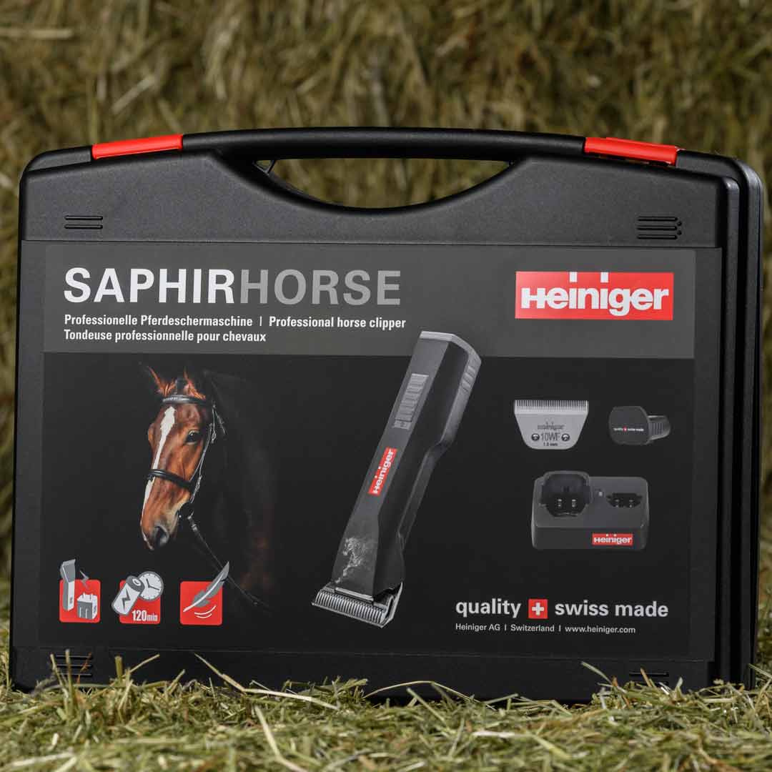 Cortapelos para caballos Heiniger Saphir con baterías y cuchilla extra ancha y un práctico maletín rígido