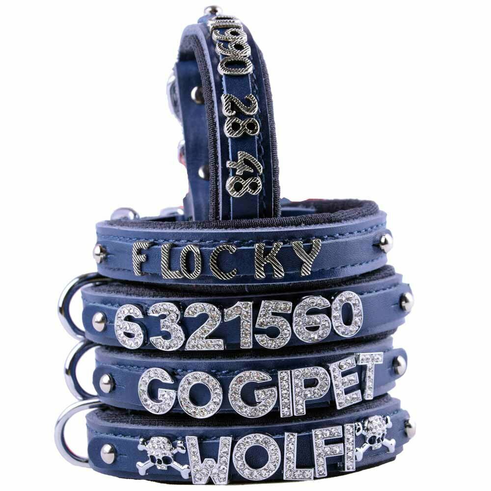GogiPet® collar con nombre de piel auténtica azul para letras y números