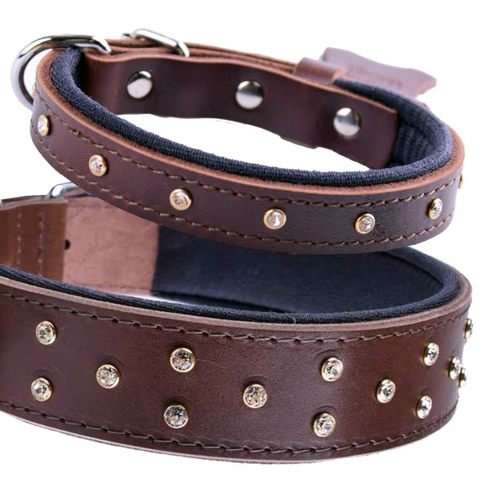 Collar para perros Swarovski de cuero marrón mod. Confort de GogiPet® con acolchado suave