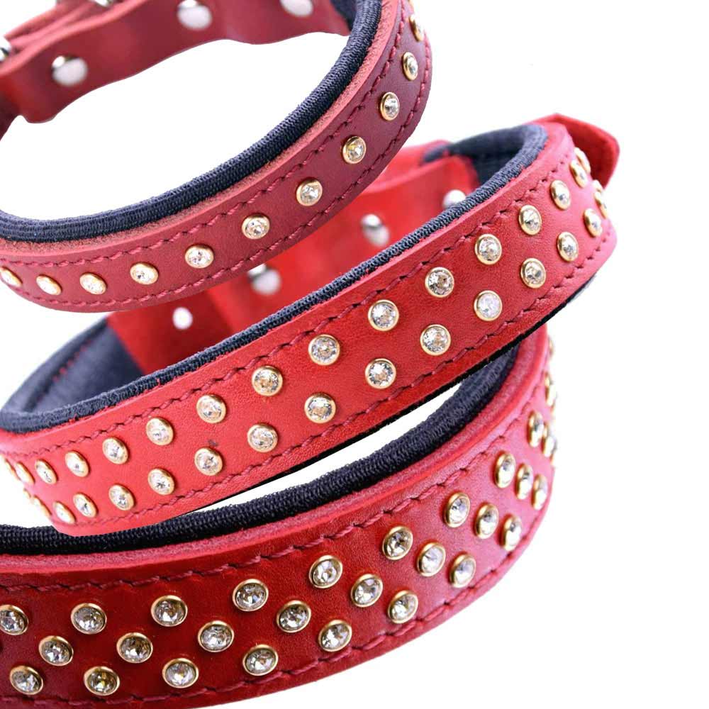 Collar para perros Swarovski de cuero rojo mod. Lujo de GogiPet®, hecho a mano