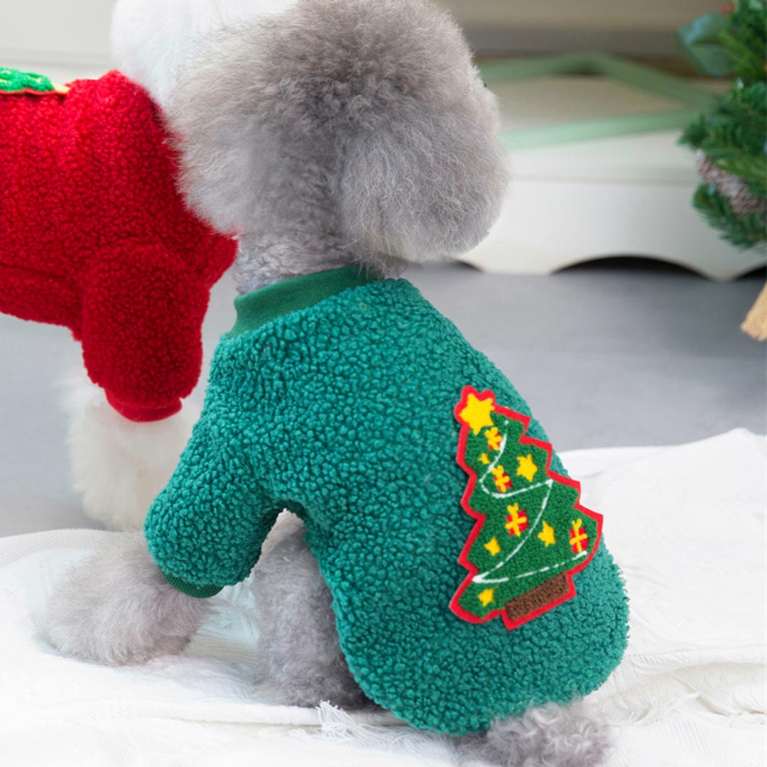 Cálido pulover navideño para perros de forro polar Sherpa con árbol de Navidad, verde