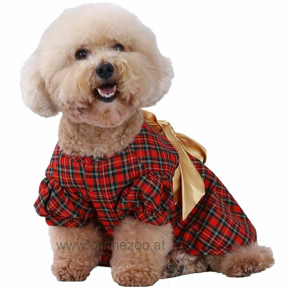 Vestido navideño para perros de estilo escocés a cuadros rojos con gran lazo dorado en la cintura
