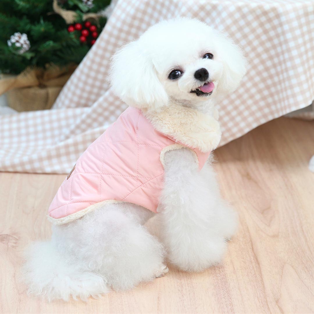 Acogedora parka para perros pequeños con cuello alto de pelo sintético sin mangas, rosa
