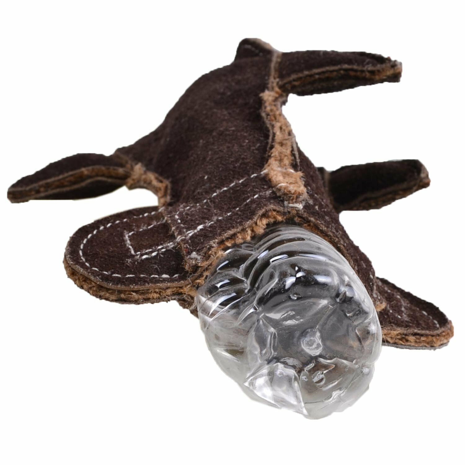 Delfín de cuero relleno de fibras de coco y botella de plástico reciclada, que al morderlo hará ruidos interesantes para los perros