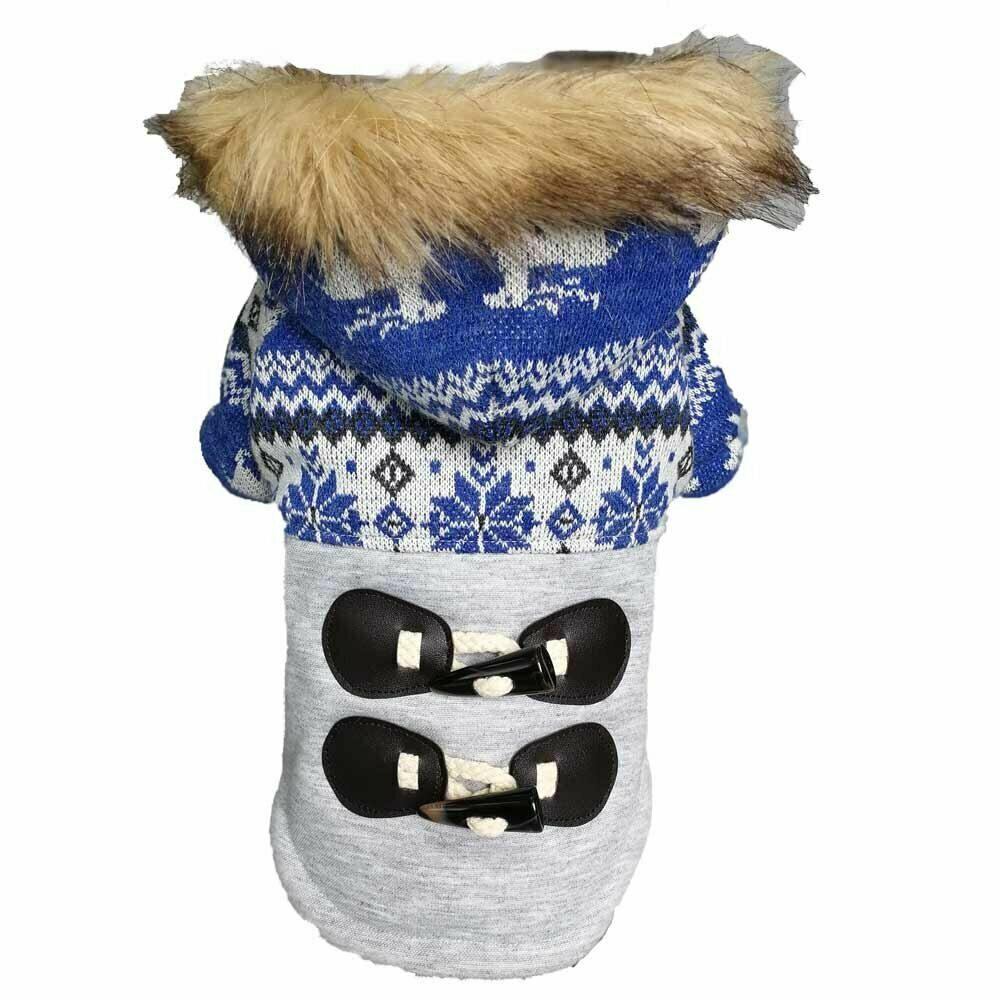Chaqueta cálida para perros GogiPet, con capucha y patrón noruego de reno, azul