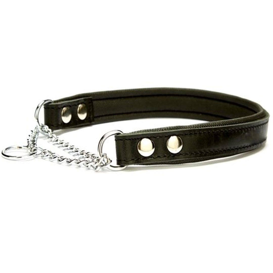 Collar de ahorque para perros de cuero acolchado negro con cadena de GogiPet