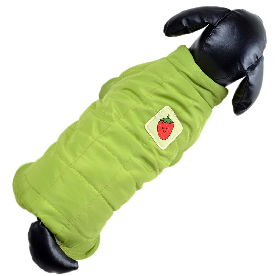 Abrigo para perros verde con fresa en el hombro