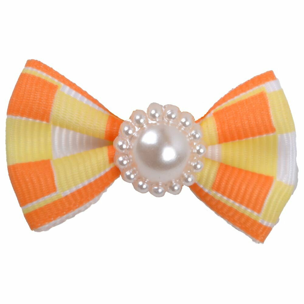 Lazo para el pelo de perros con goma elástica de GogiPet, con perla decorativa y cuadros en tonos naranjas y blancos - Modelo Macarena