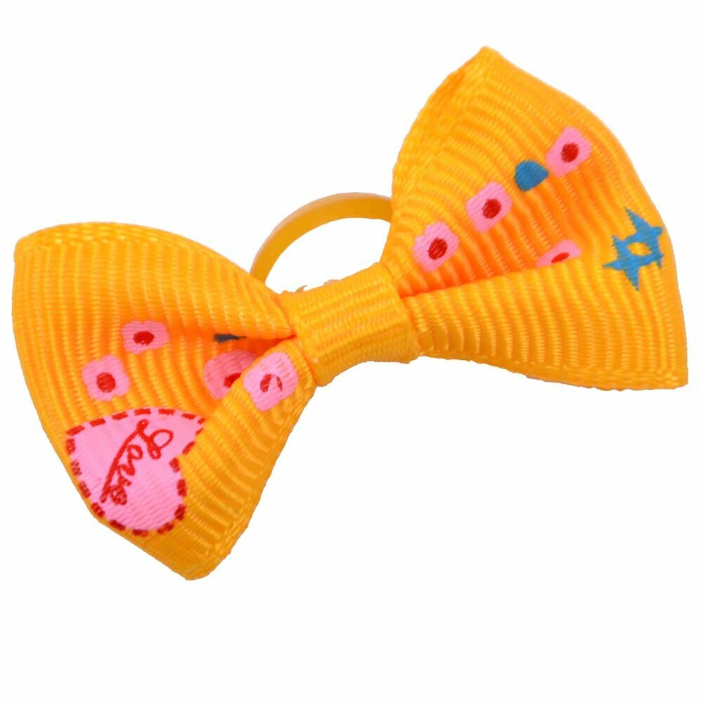Lazo para el pelo en color naranja con flores y corazones de diseño encantador con goma elástica de GogiPet - Modelo Corazón
