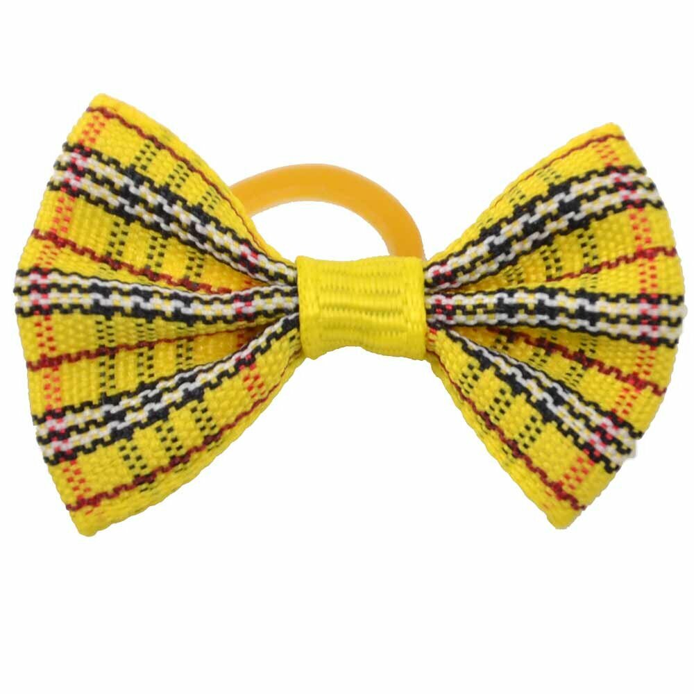 Lazo para el pelo en color amarillo con cuadritos y rayas de diseño encantador con goma elástica de GogiPet - Modelo Pedro