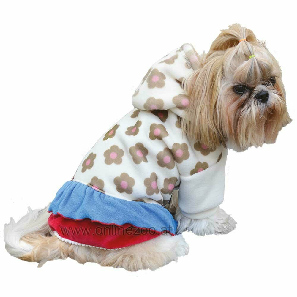 Vestido para perros de invierno con capucha y vuelos azul y rojo Cream Flower de DoggyDolly