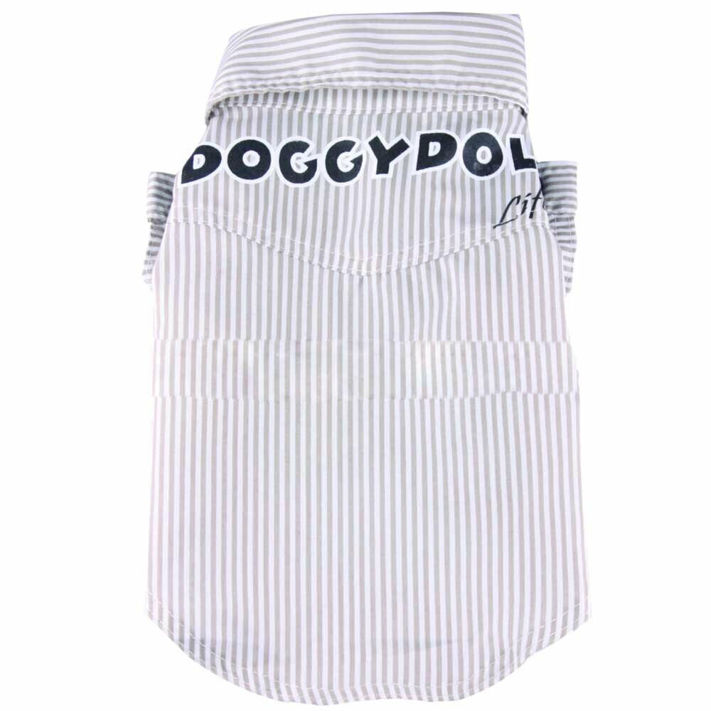 Camisa para perros con rayas beiges y blancas e inscripción DoggyDolly Life Style en la espalda