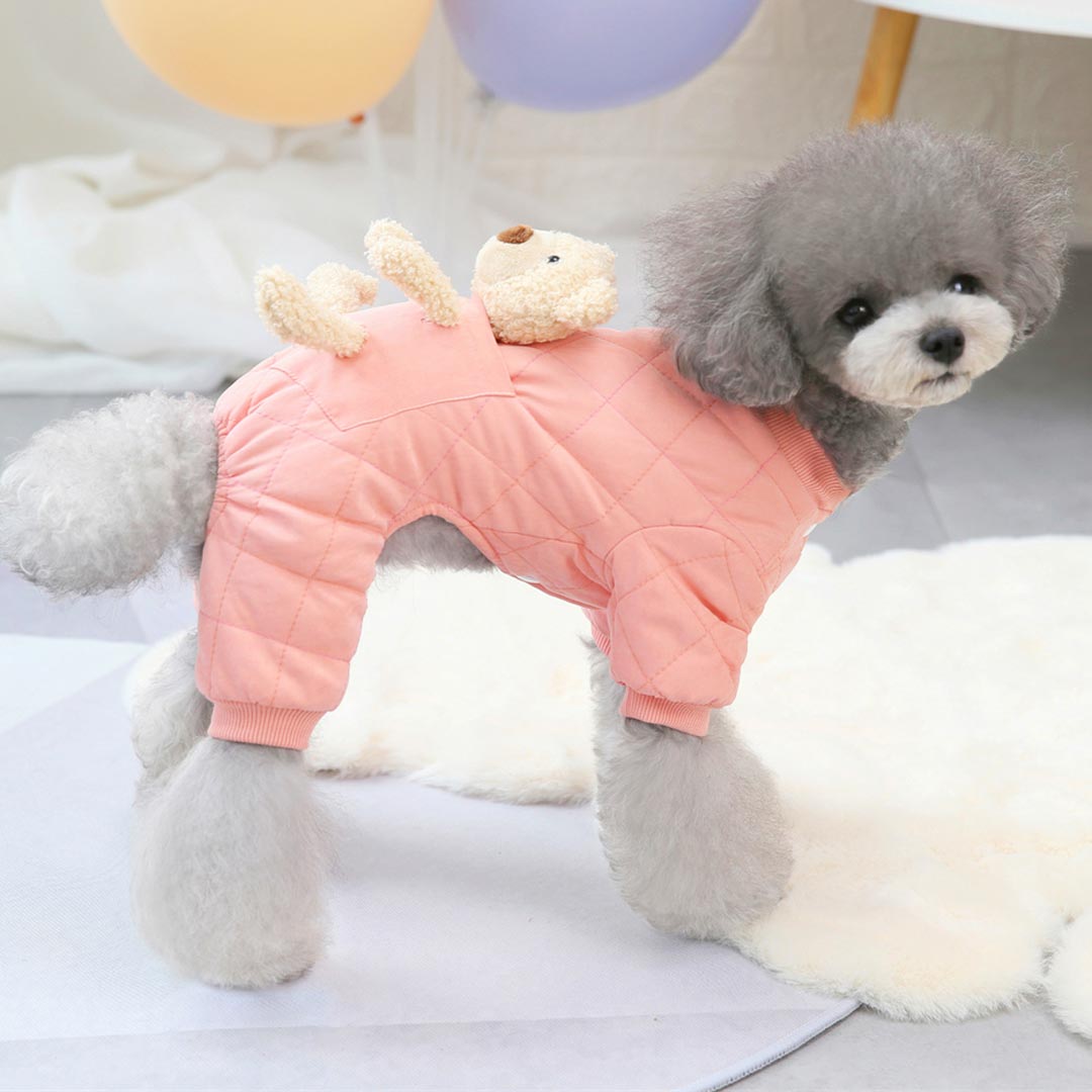 Cálido mono rosa para perros con simpático oso de peluche en bolsillo trasero