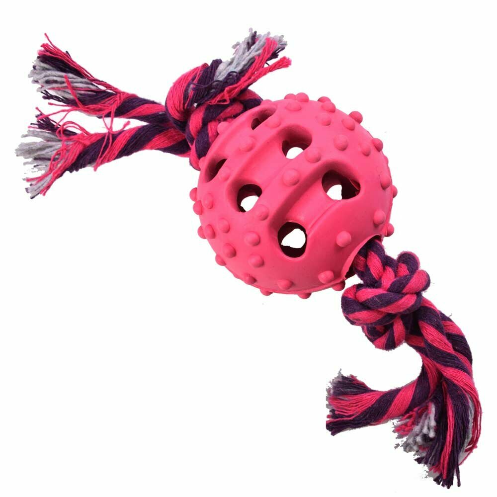 Pelota para perros GogiPet - juguete de goma rosa con cuerda dental trenzada