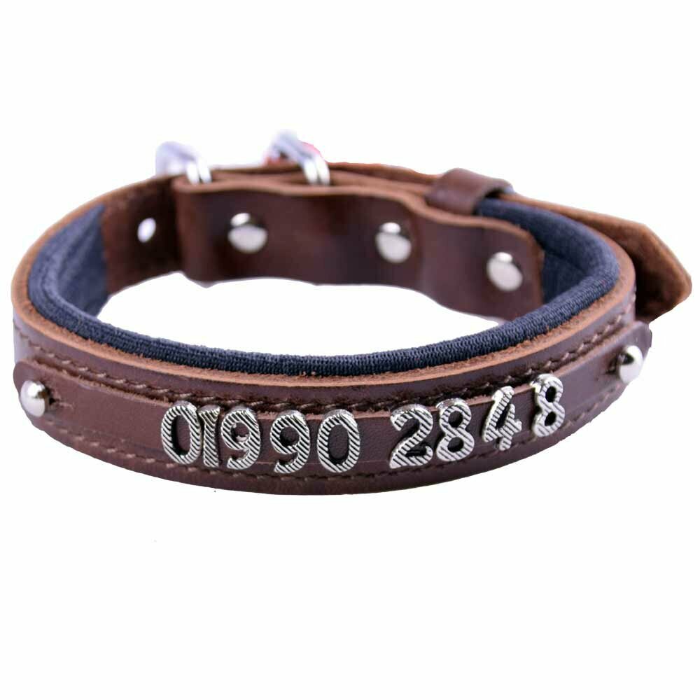 Collar para perros de cuero con nombre modelo Confort de GogiPet®, marrón para dseñar el collar con su número de teléfono