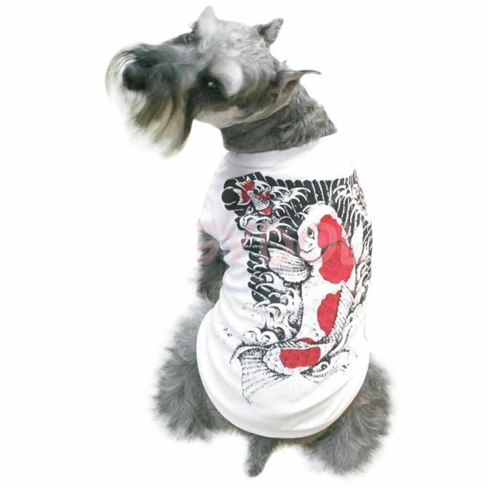 Bonita camiseta para perros con Pez Koi en la espalda, blanca