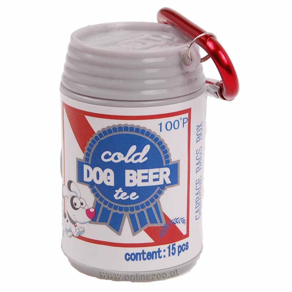 Bolsas higiénicas para perro en latas de cerveza como dispensador .