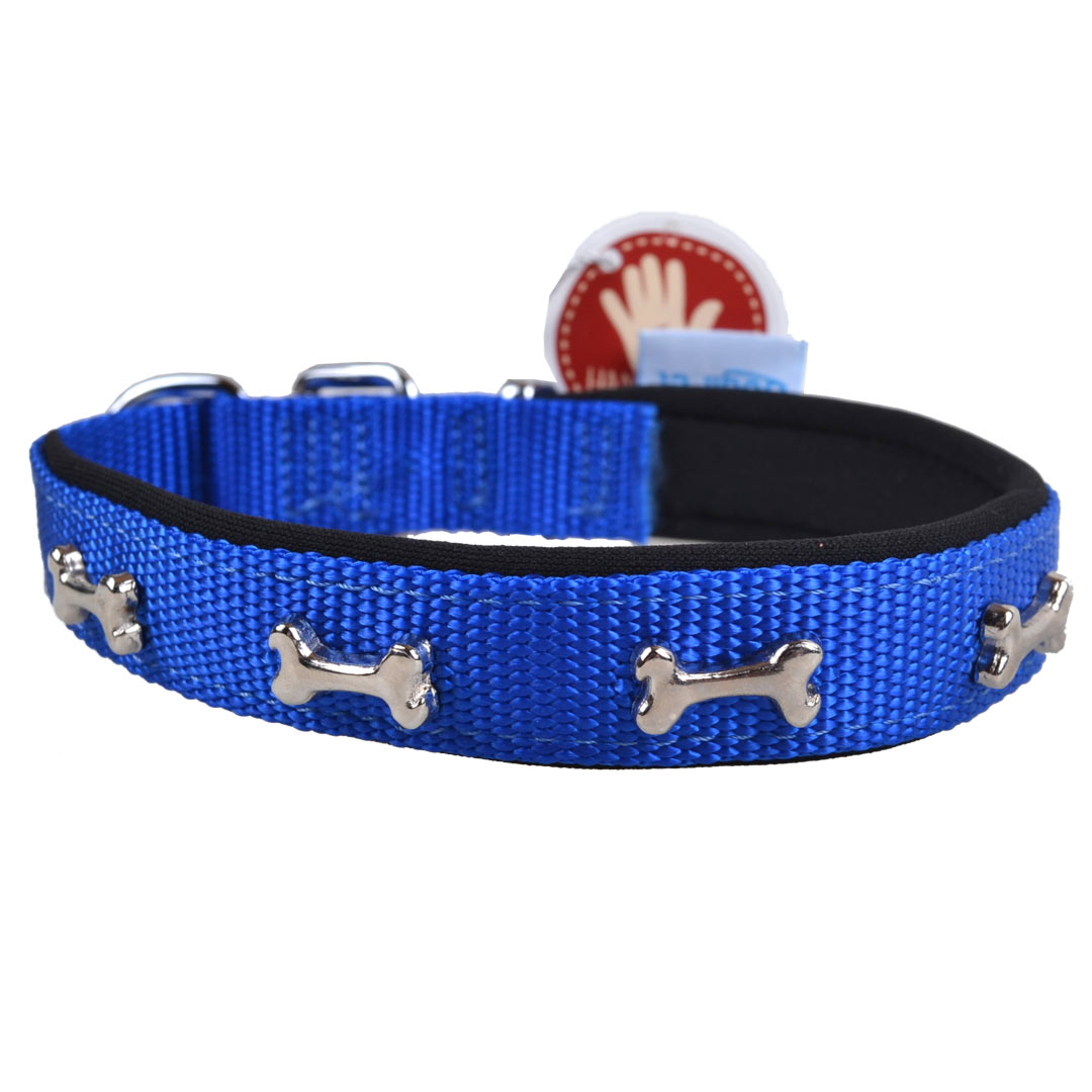 Collar para perros acolchado Confort de GogiPet®, azul con huesos, hecho a mano