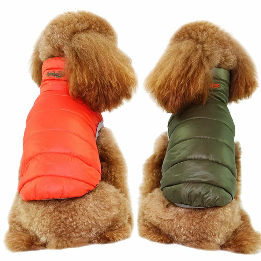 Chaleco plumón reversible para perros GogiPet, verde y naranja