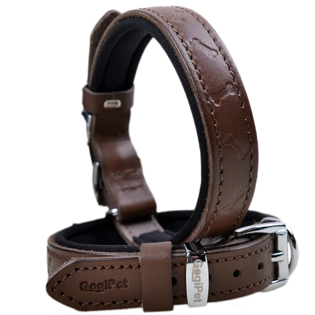 GogiPet 3D confort collar de perro de cuero marrón con hueso
