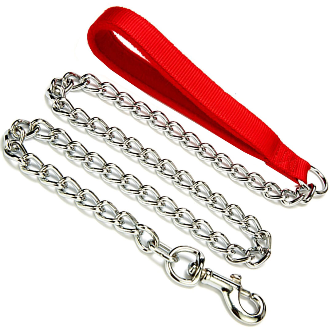 Correa para perros elegante con cadena y asa acolchada de forro polar GogiPet®, roja