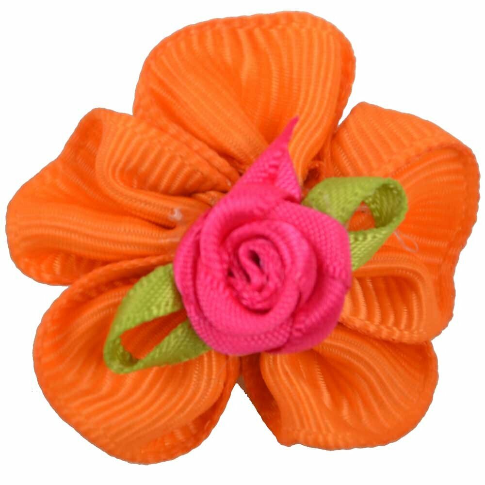Lazo para el pelo de perros con goma elástica de GogiPet, en color naranja con una rosa en el centro - Modelo Rose