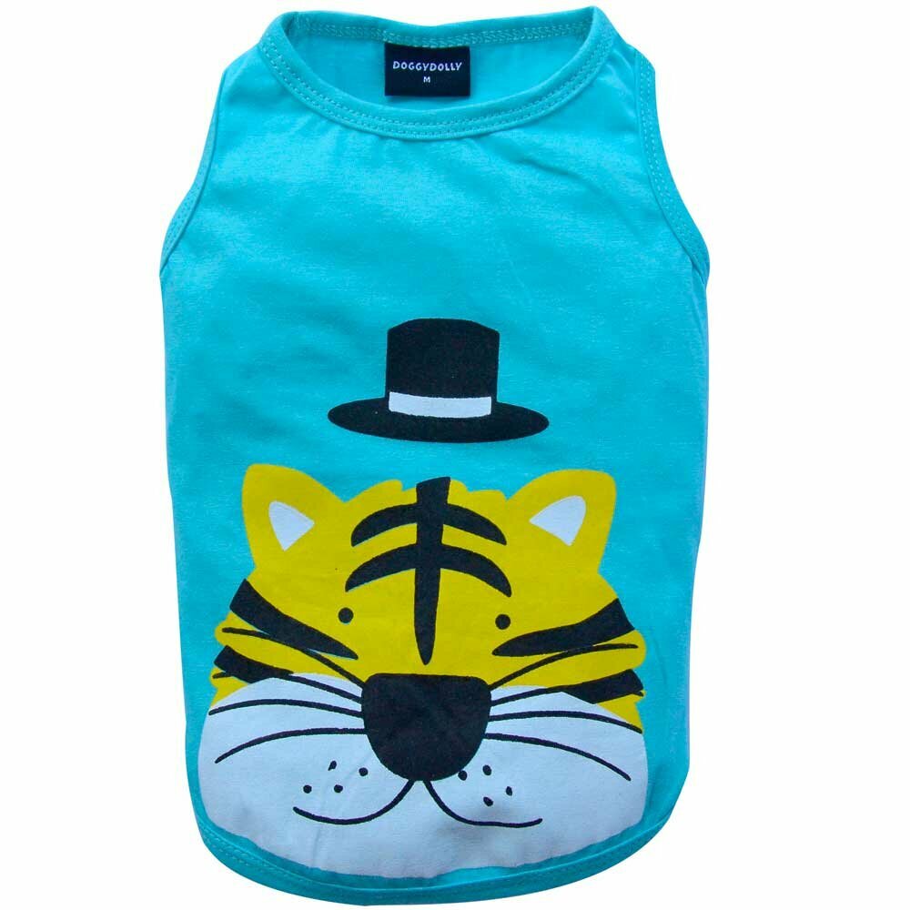 Camiseta para perros con simpática cabeza de tigre y sombrero en la espalda de DoggyDolly, turquesa T367