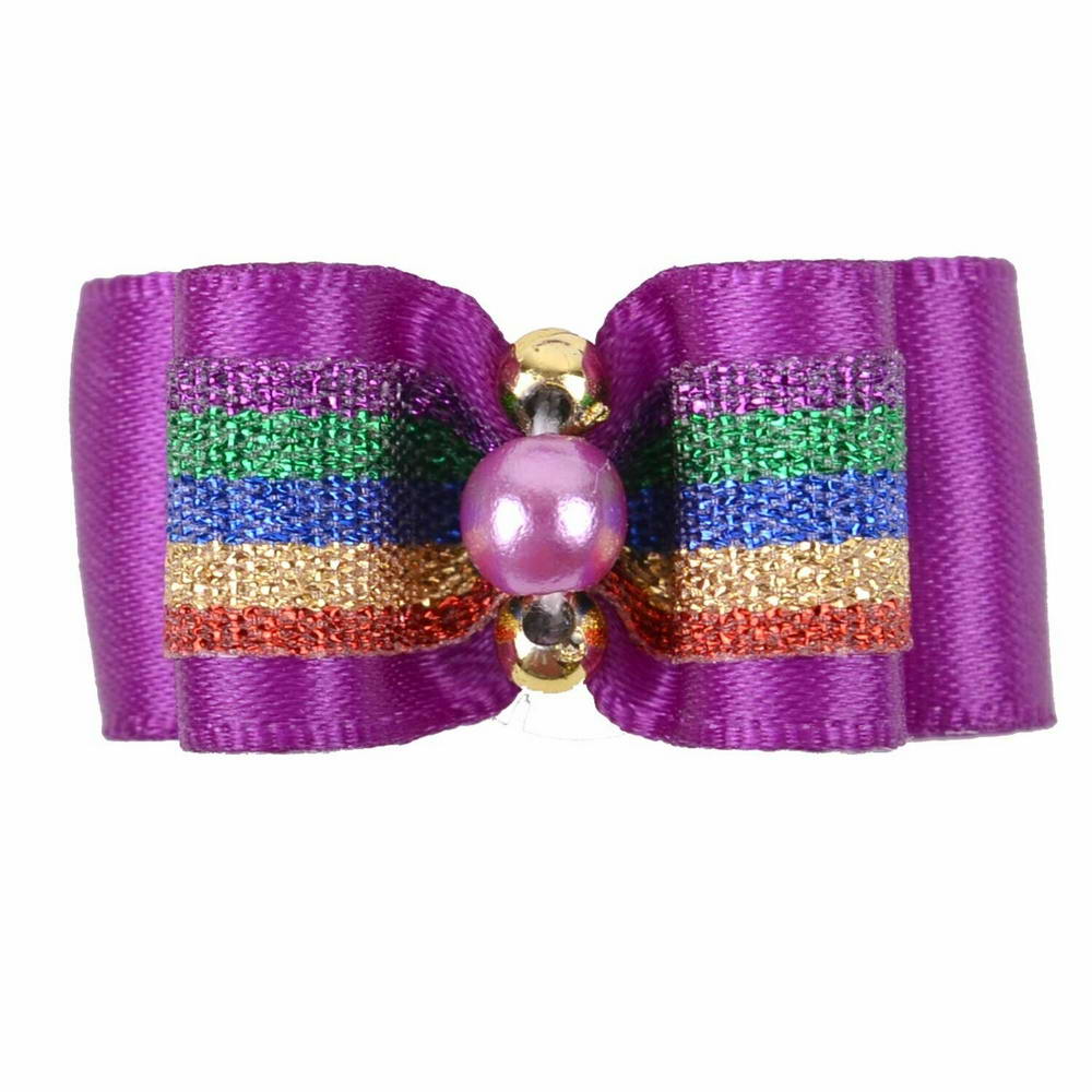 Lazo para el pelo con goma elástica para perros, lila con arcoíris y perlas decorativas en el centro de GogiPet® - Mod. Oihane