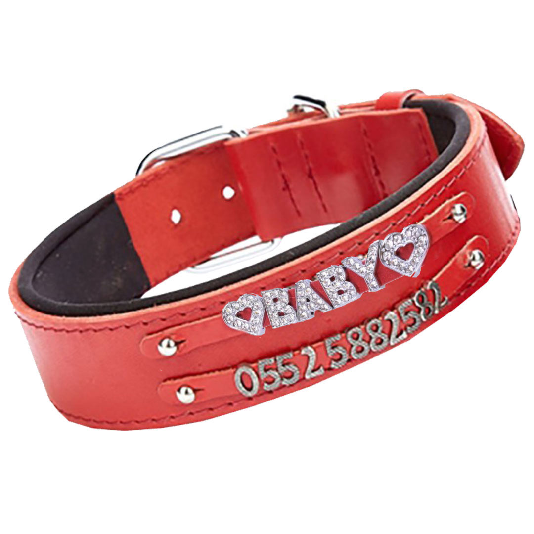 Collar para perros de cuero para 2 nombres modelo Confort de GogiPet®, rojo para letras, números y motivos de metal o strass